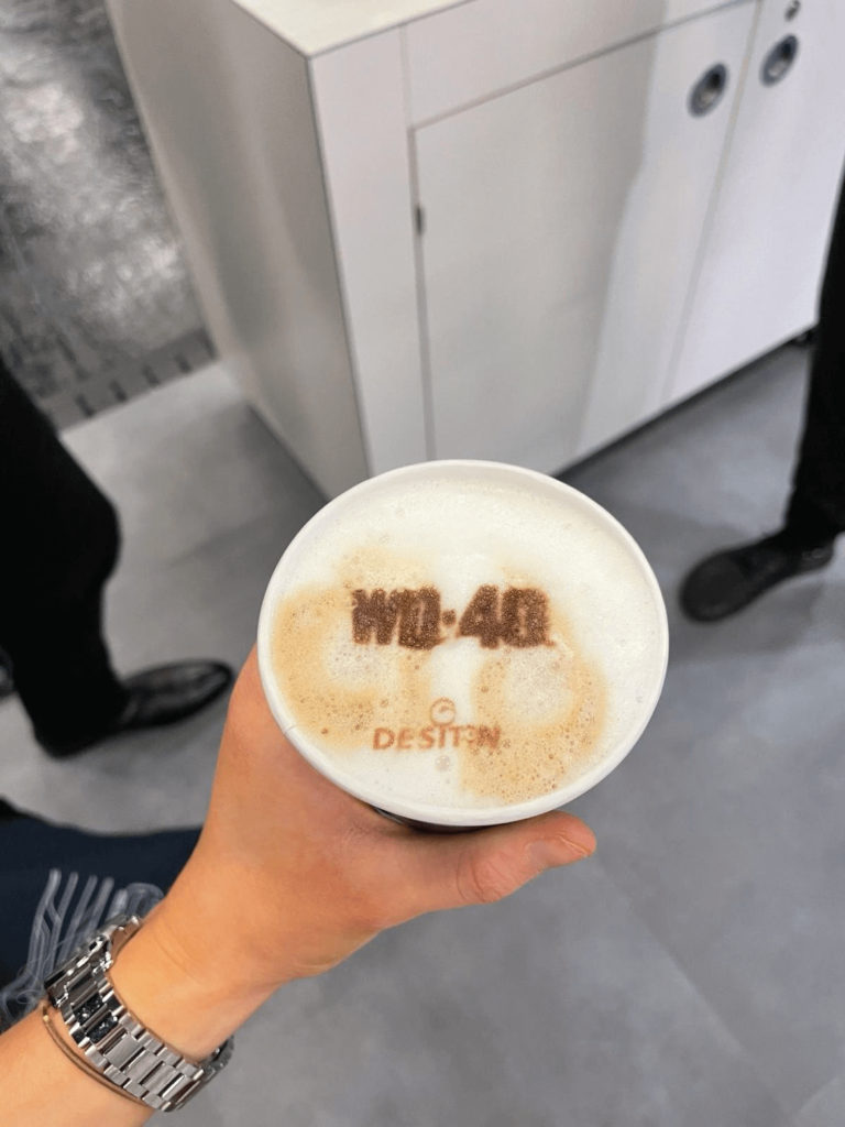 WD-40 logo on coffee