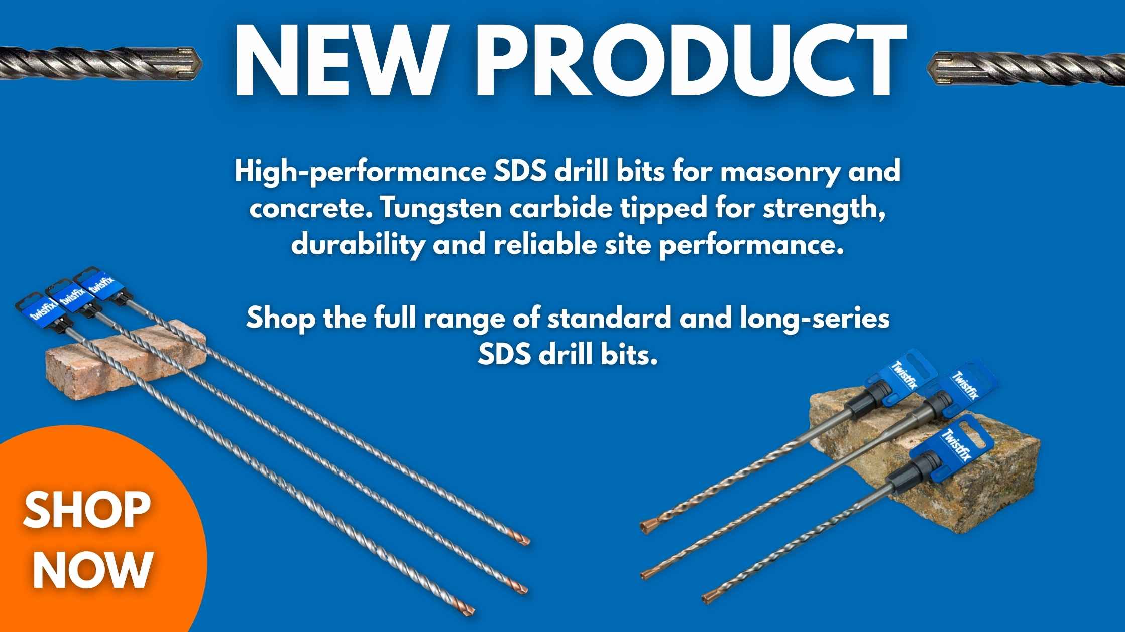 Professional SDS drill bits for masonry and concrete, available in standard and long-series lengths up to 1.5 metres